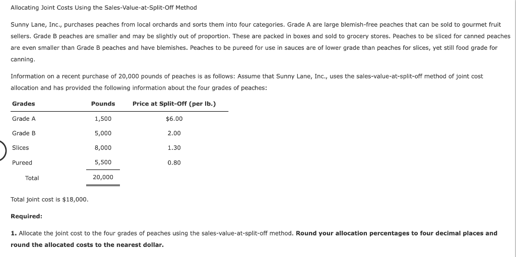  Allocating Joint Costs Using the Sales-Value-at-Split-Off Method Sunny Lane, Inc., purchases