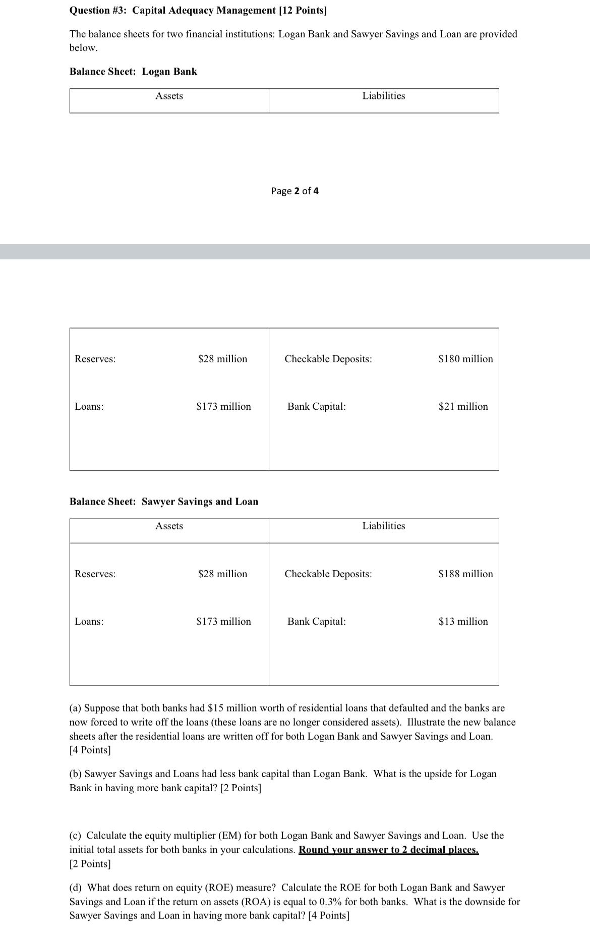  Question #3: Capital Adequacy Management [12 Points] The balance sheets for