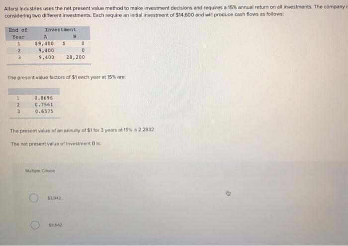 Alfarsi Industries uses the net present value method to make investment