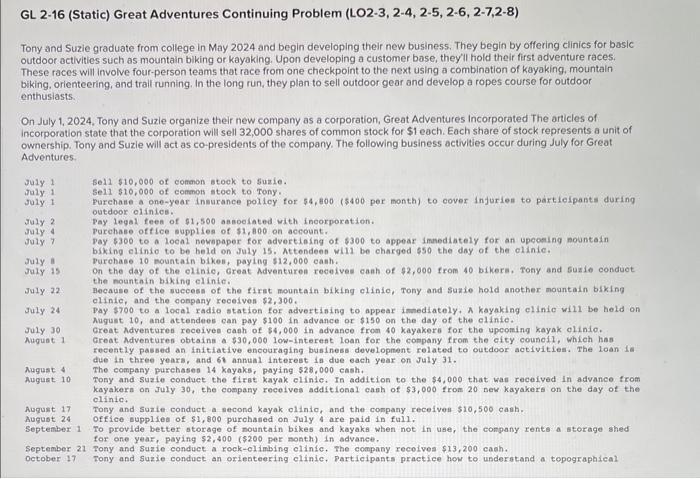  help ASAP please GL 2-16 (Static) Great Adventures Continuing Problem (LO2-3,