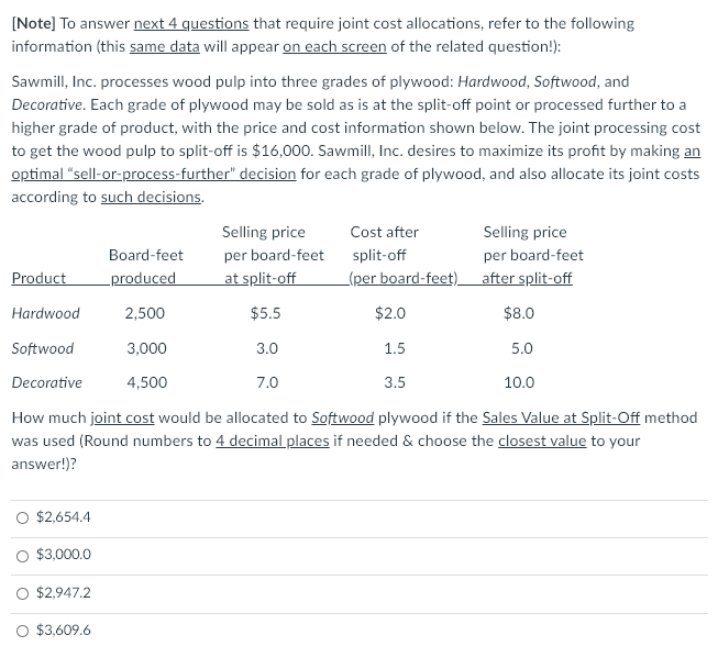 refer to the following information (this same data will appear on each