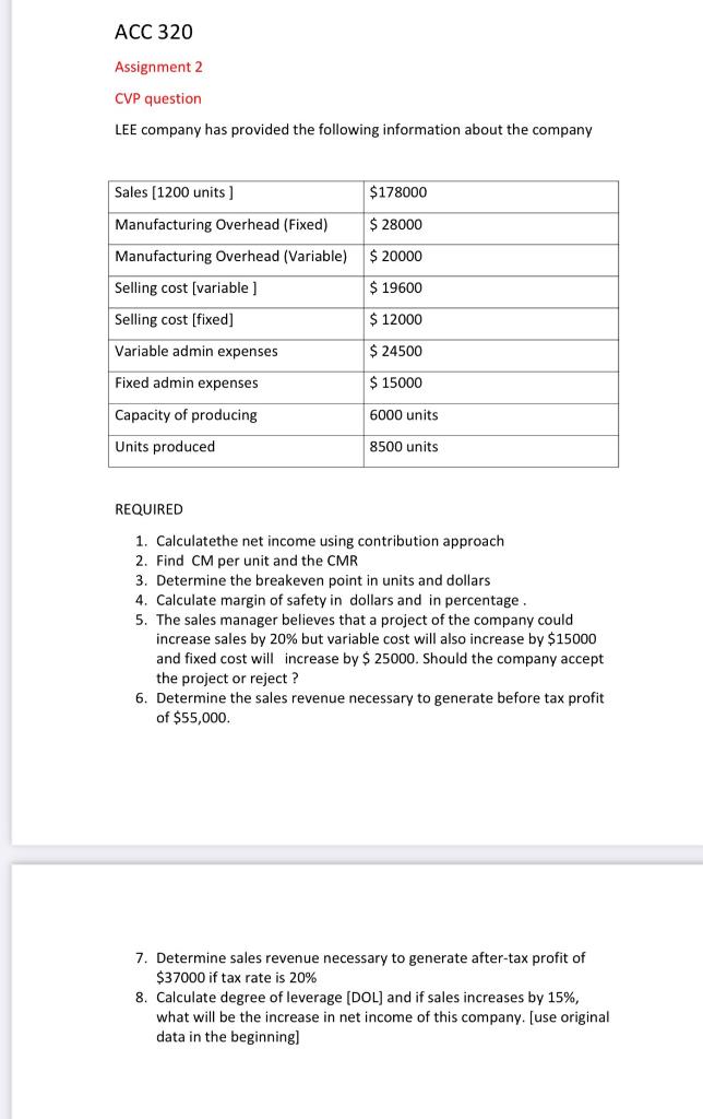 ACC 320 Assignment 2 CVP question LEE company has provided the following