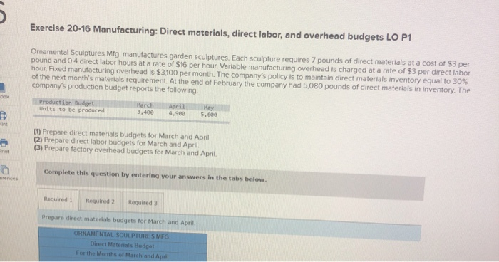  Exercise 20-16 Manufacturing: Direct materials, direct labor, and overhead budgets LO