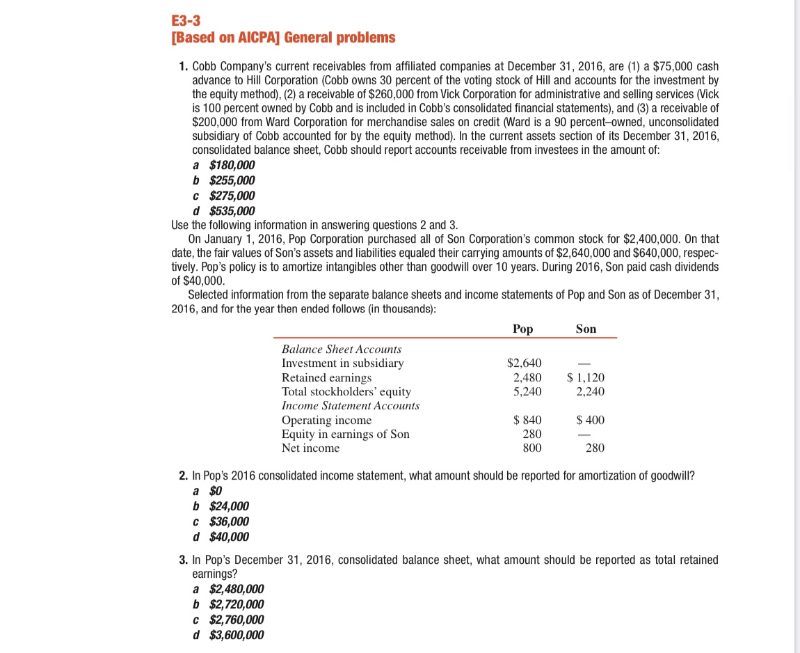 E3-3 [Based on AICPA] General problems 1. Cobb Company's current receivables