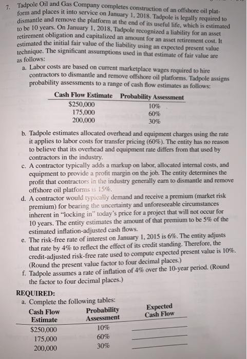 please answer the question below. thank you! as follows: 7. Tadpole Oil