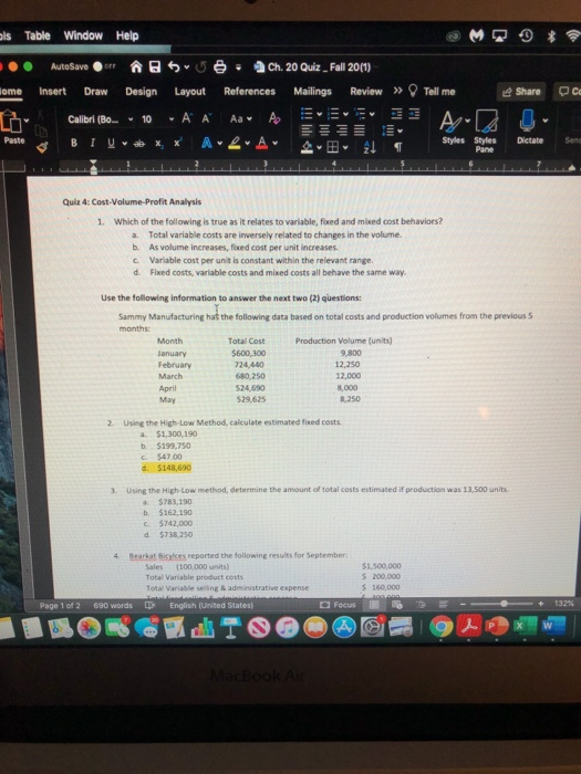  - ols Table Window Help AutoSave or sve Ch. 20 Quiz