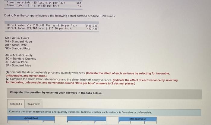  Direct materials (15 lbs. @ $4 per lb.) Direct labor (3