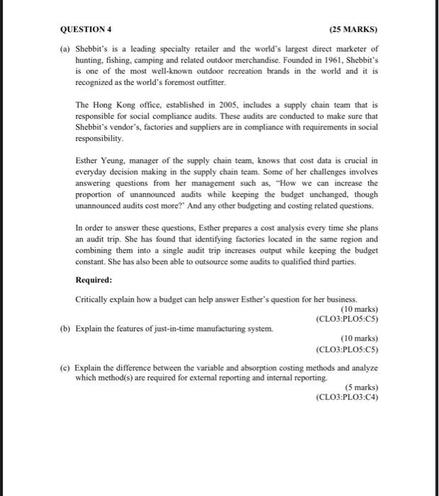  QUESTION 4 (25 MARKS) (a) Shebbit's is a leading specialty retailer