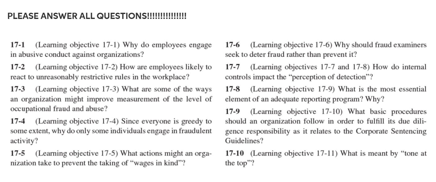  PLEASE ANSWER ALL QUESTIONS!!!!!!!!!!!!!!! 17-1 (Learning objective 17-1) Why do employees