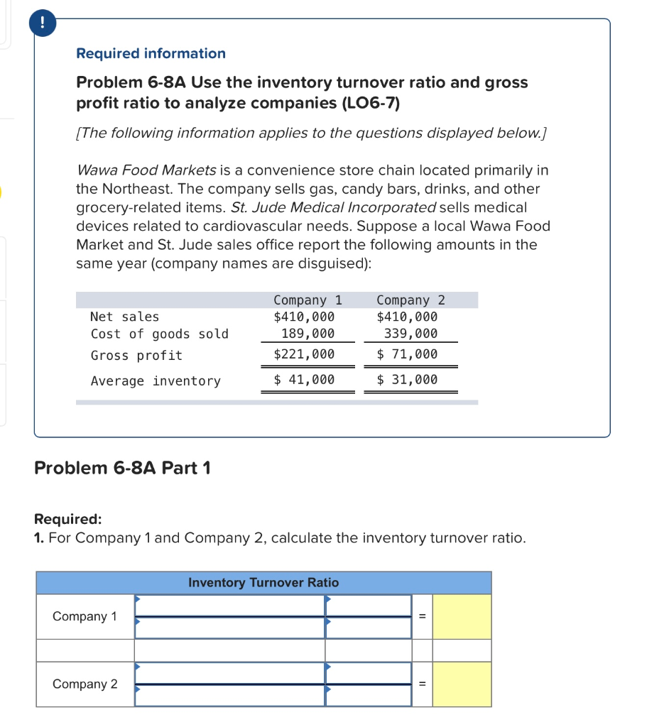 ! Required information Problem 6-8A Use the inventory turnover ratio and