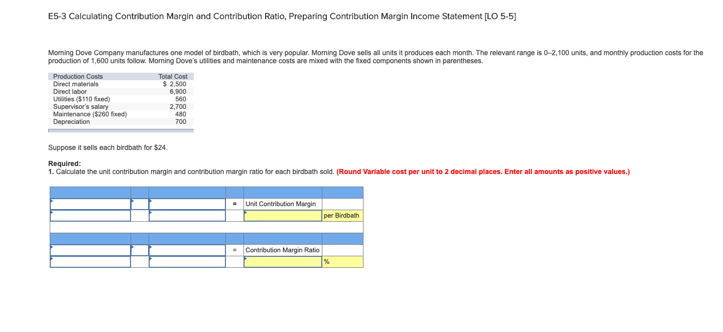  E5-3 Calculating Contribution Margin and Contribution Ratio, Preparing Contribution Margin Income