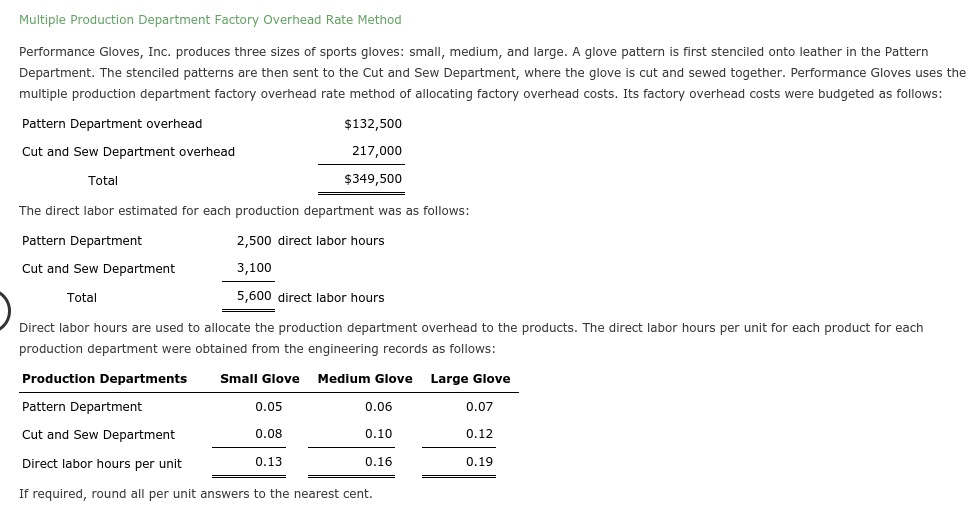 Multiple Production Department Factory Overhead Rate Method Performance Gloves, Inc. produces