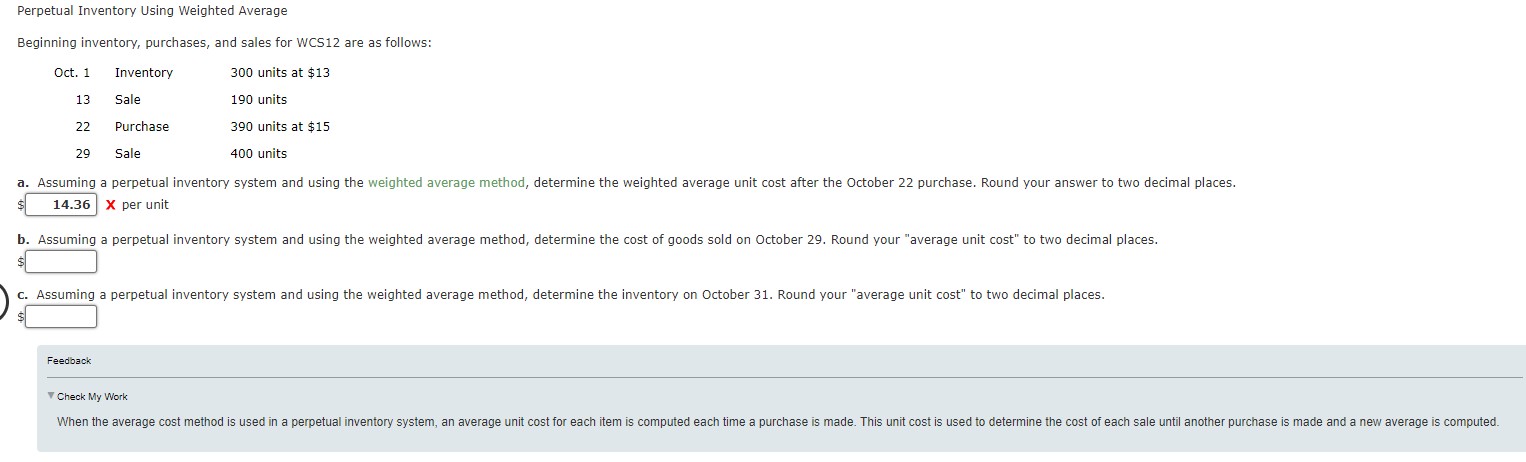 Perpetual Beginning Inventory Using Weighted Average inventory, purchases, and sales for WCS12