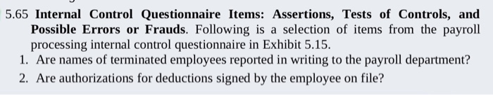  5.65 Internal Control Questionnaire Items: Assertions, Tests of Controls, and Possible
