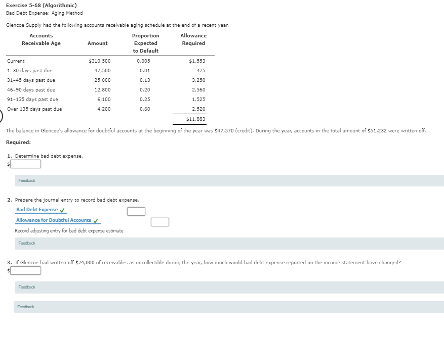 Exercise 5-68 (Algorithmic) Bad Debt Expense: Aging Method Glencoe Supply had