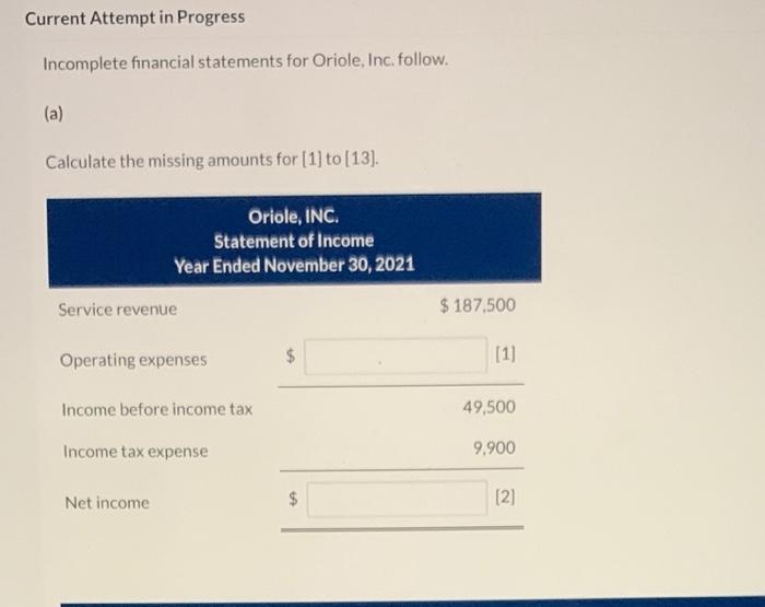  Current Attempt in Progress Incomplete financial statements for Oriole, Inc. follow.