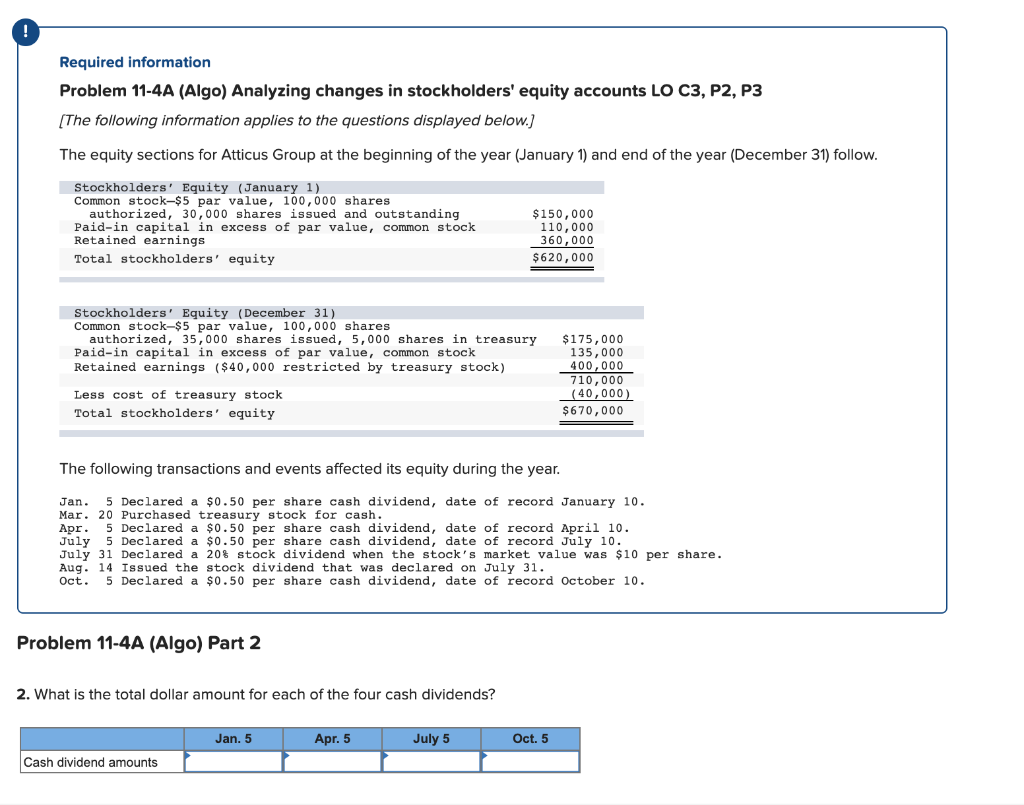 Required information Problem 11-4A (Algo) Analyzing changes in stockholders' equity accounts