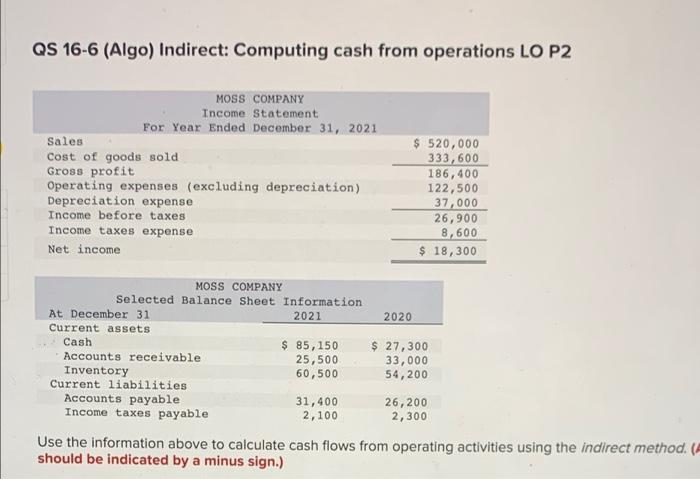help QS 16-6 (Algo) Indirect: Computing cash from operations LO P2 MOSS