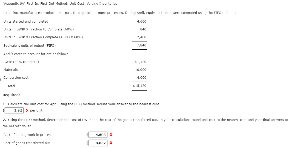 (Appendix 6A) First-In, First-Out Method; Unit Cost; Valuing Inventories Loren Inc.