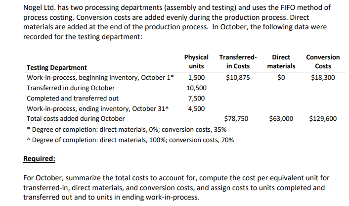  Nogel Ltd. has two processing departments (assembly and testing) and uses