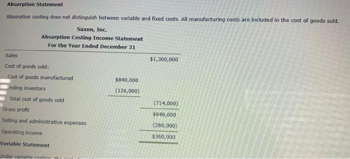  Absorption Statement Absorption costing does not distinguish between variable and fixed