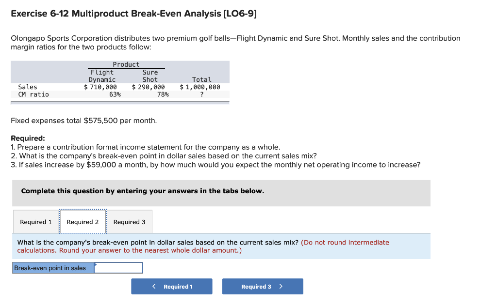 how do you find the break-even point? Exercise 6-12 Multiproduct Break-Even Analysis