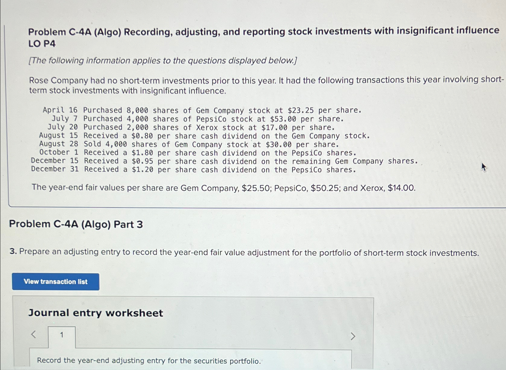  Problem C-4A (Algo) Recording, adjusting, and reporting stock investments with insignificant