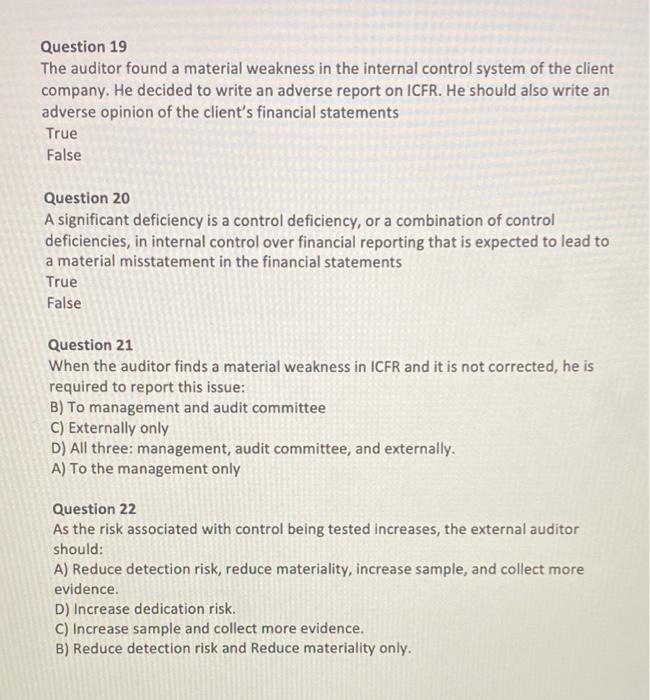 help Question 19 The auditor found a material weakness in the internal