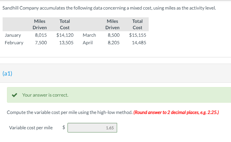  Compute the fixed cost elements using the high-low method. Sandhill Company