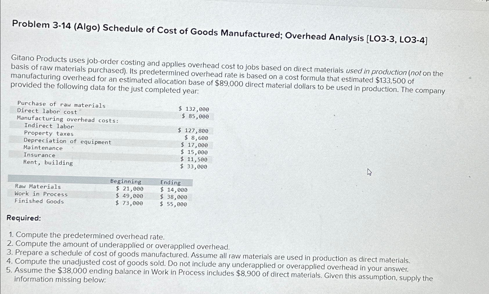  Problem 3-14(Algo) Schedule of Cost of Goods Manufactured; Overhead Analysis [LO3-3,