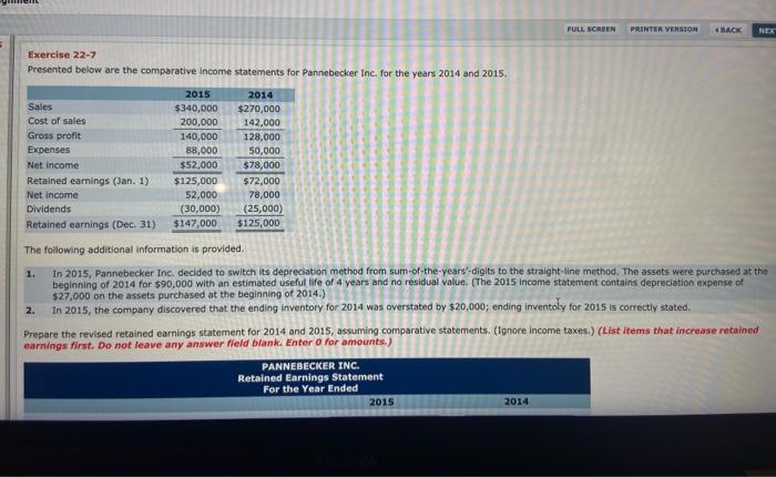  FULL SCREEN PRINTER VERSION 4 BACK NE Exercise 22-7 Presented below