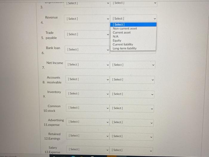 [Select Balance sheet Neither Income statement Plant and 2. equipment [Select Depreciation