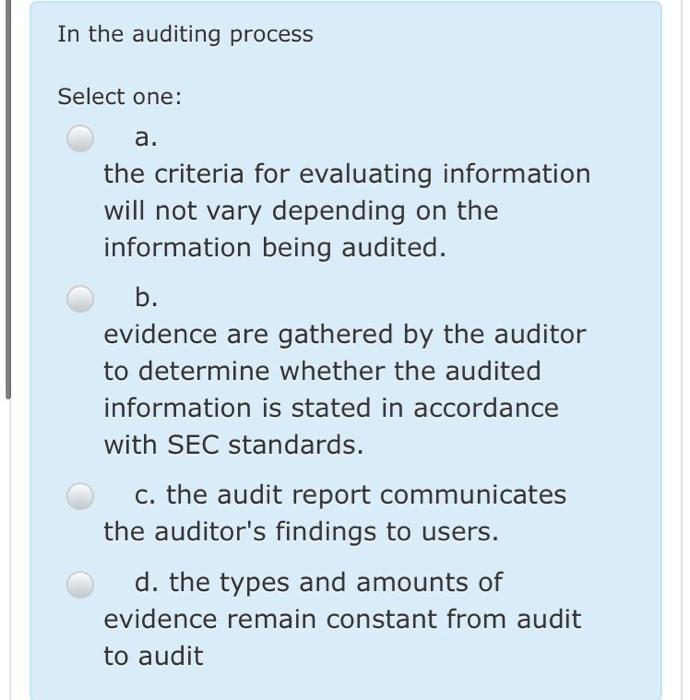  In the auditing process Select one: a. the criteria for evaluating
