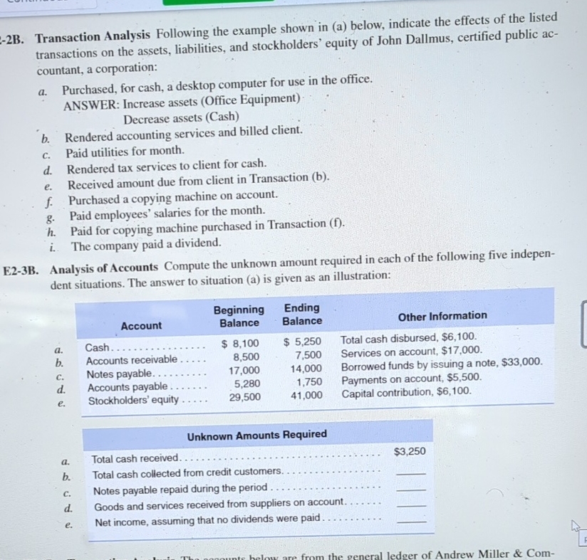  -2B. Transaction Analysis Following the example shown in (a) below, indicate