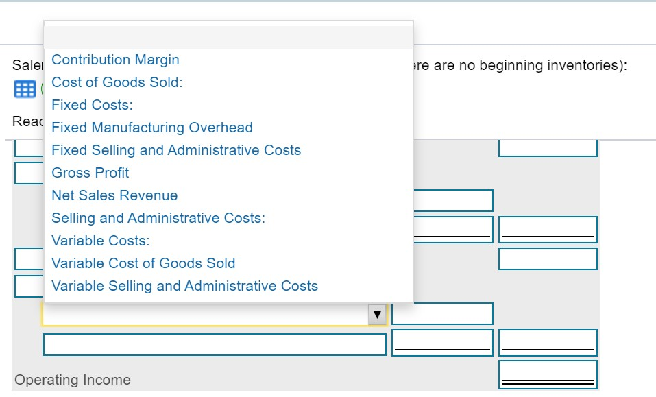 Inc. Income Statement (Variable Costing) For the Month Ended November 30 Choose