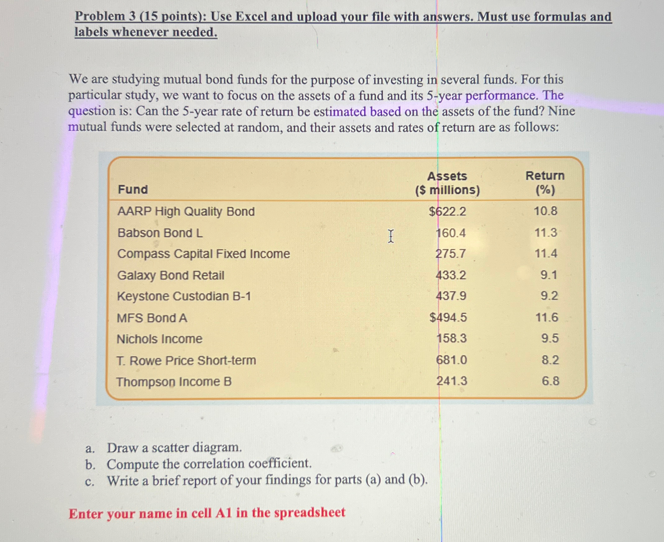  Problem 3(15 points): Use Excel and upload your file with answers.