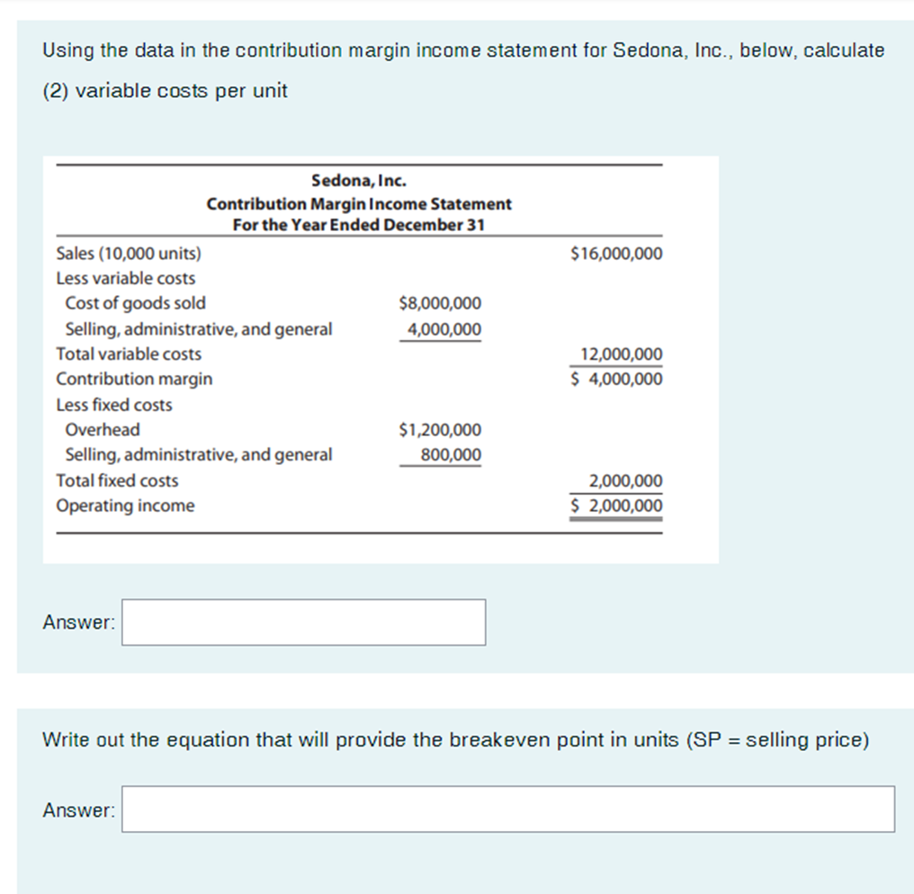  Using the data in the contribution margin income statement for Sedona,