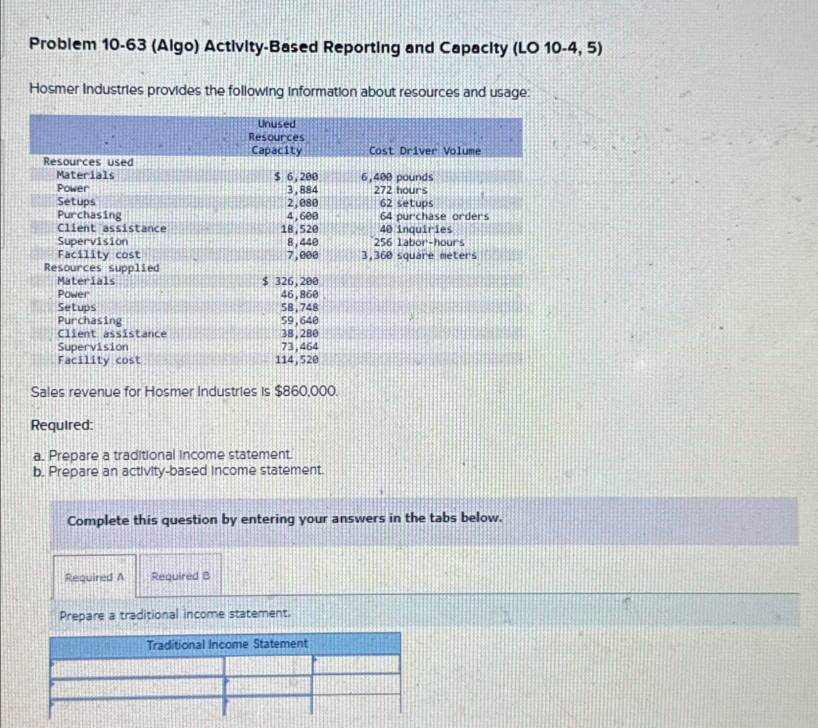  Problem 10-63(Algo) Actlvity-Based Reporting and Capacity (LO 10-4,5) Hosmer Industries provides
