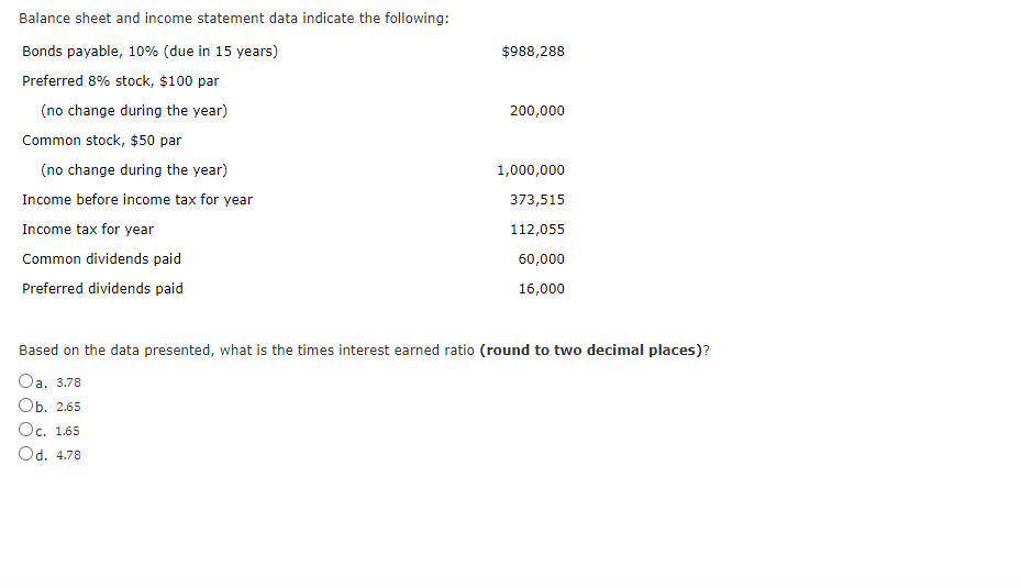 $988,288 200,000 Balance sheet and income statement data indicate the following: