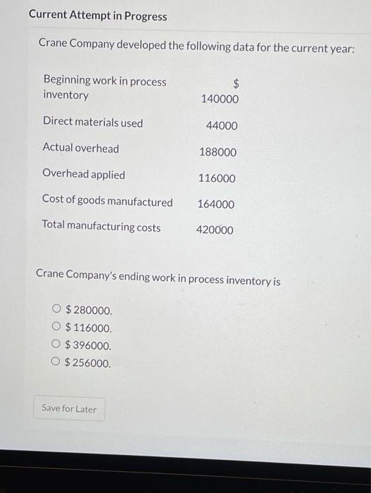  Current Attempt in Progress Crane Company developed the following data for