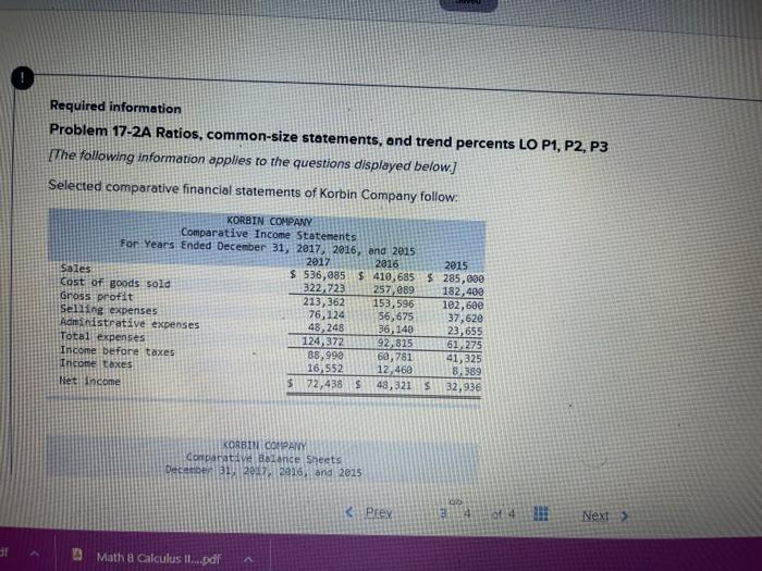 Please help, asapthanks! Required information Problem 17-2A Ratios, common-size statements, and trend