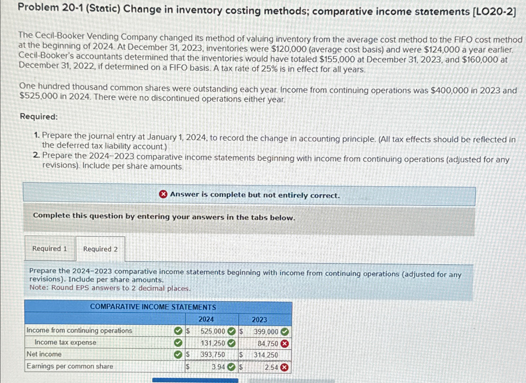  1.) Problem 20-1(Static) Change in inventory costing methods; comparative income statements