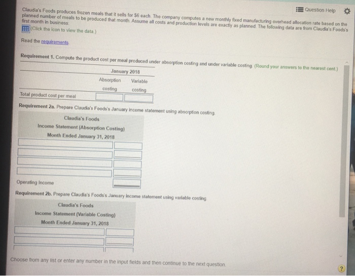 meals to be produced that month Assume all costs and production levels