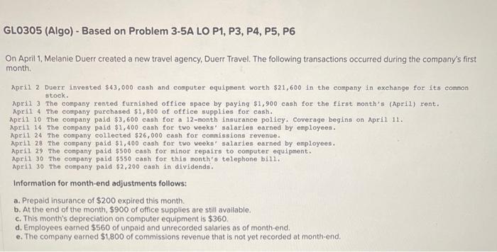  GL0305 (Algo) - Based on Problem 3-5A LO P1, P3, P4,