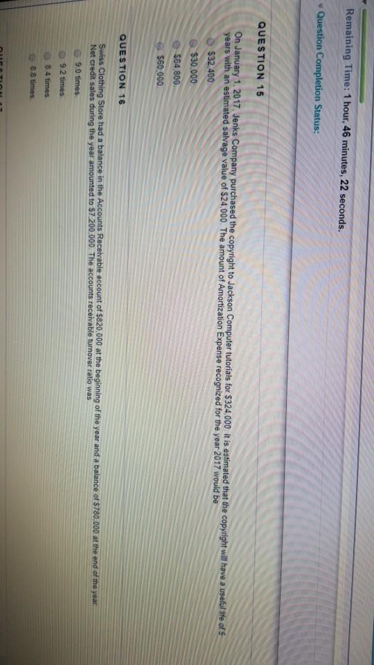  Remaining Time: 1 hour, 46 minutes, 22 seconds. Question Completion Status: