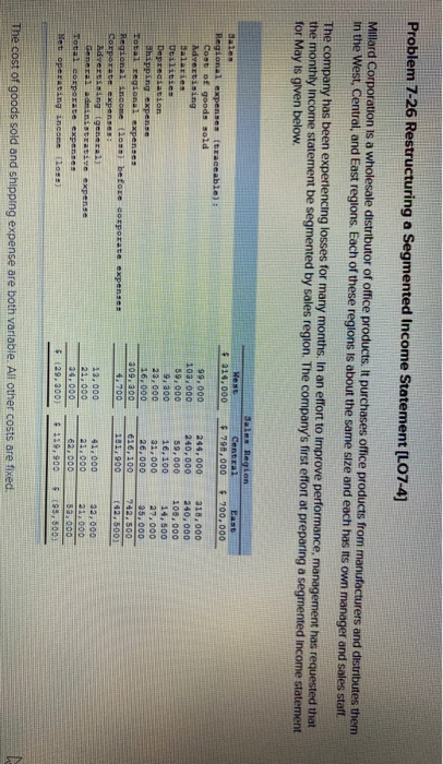  Problem 7-26 Restructuring a Segmented Income Statement (L07-4) Millard Corporation is
