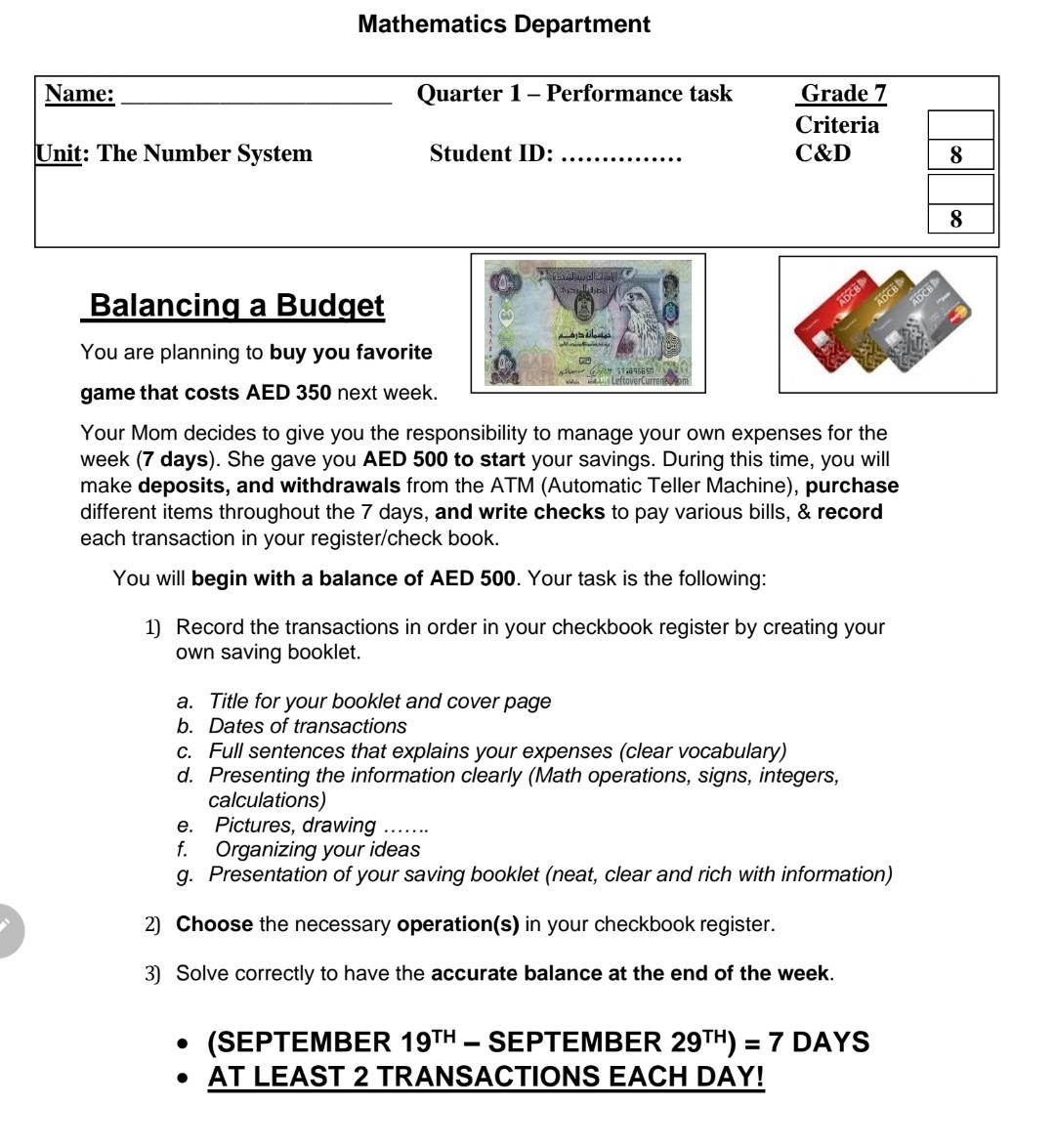 Mathematics Department Name: Quarter 1 - Performance task Grade 7 Criteria