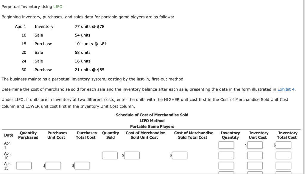 Perpetual Inventory Using LIFO Beginning inventory, purchases, and sales data for