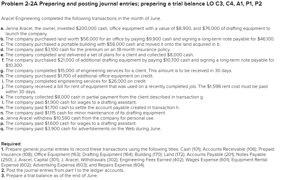 Problem 2-2A Preparing and posting journal entries; preparing a trial balance