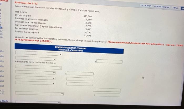  ) 1 2 2 CALCULATOR PRINTER VESSON BACK Brief Exercise 5-12